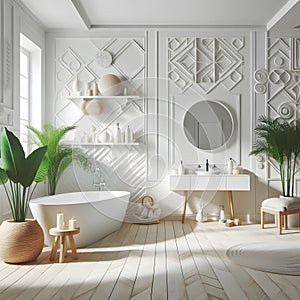 A bathroom with a white and black tiled wall, a large mirror, a sink, a bathtub