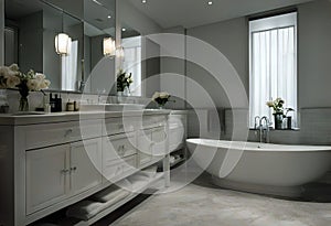 bathroom white interior bathe room privies bidet wc washroom lavatory contemporary design minimalism marble tile window panorama photo