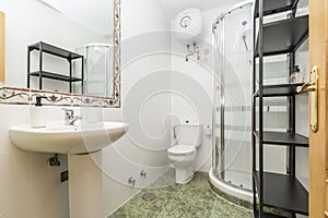 Bathroom with white porcelain one-piece pedestal sink and valance-framed wall mirror, corner shower stall and black metal shelving