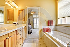 Bathroom with wood cabinets and tub.