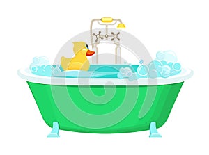 Bathroom yellow duck. Relax water foam bubbles with rubber duck shower vector picture cartoon background