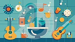 The bathrooms are decorated with quirky wallpapers featuring musical instruments and lyrics. Vector illustration. photo