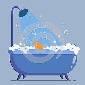 Bathtime vector illustration with bathtub and yellow rubber duck. Bubble water foam in bath and toy. Cartoon flat