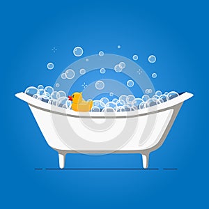Bathtime vector illustration with bathtub and yellow rubber duck. Bubble water foam in bath and toy. Cartoon flat