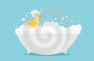 Bathtime vector illustration with soap foam and yellow rubber duck