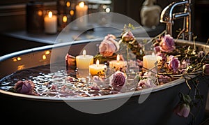 Bathtub Filled With Candles and Flowers