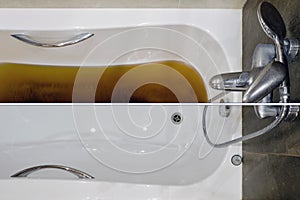 A bathtub filled with dirty water due to a clogged sewer pipe before and after cleaning the drain, close-up