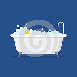 Bathtub with foam bubbles inside and bath yellow rubber duck isolated on blue background. Bath time in flat style