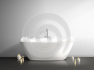 Bathtub with foam. Realistic bath tub bubble in bathroom interior, romantic candles, bubbly bathed bathr home basin or