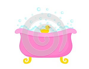 Bathtub full of soap foam bubbles with yellow rubber duck in a cartoon flat style. vector illustration