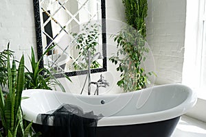 Bathtub and green plants in bathroom interior in luxury home