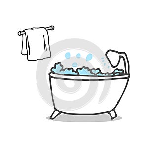 Bathtub with hanging towel illustration on white background. bathtub with foam and bubble. hand drawn vector. bathroom design inte
