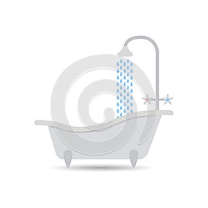 Bathtub icon with flowing water. Bathtub vector isolated on a light background. Element for your design.