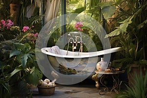 bathtub in an outdoor garden setting