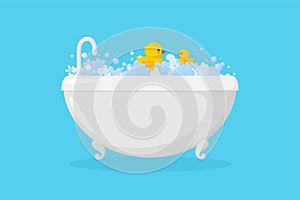 Bathtub with plastic ducks in suds. Yellow ducks in bubbles and foam isolated in blue background. Vector illustration
