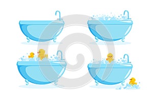 Bathtub with rubber duck in suds. Set with bathtubs and yellow ducks in bubbles and suds isolated. Vector illustration
