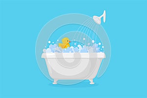 Bathtub with rubber duck with suds and shower. Yellow duck in bubbles and foam isolated in blue background. Vector