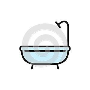 Bathtub, shower, bathroom flat color line icon.