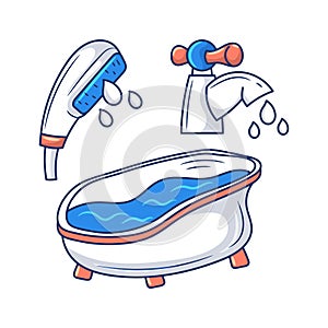 Bathtub, shower and tap, colored hand drawn vector