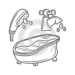Bathtub, shower and tap, hand drawn vector illustration