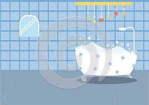 Bathtub with soapsuds in tiled bathroom,Vector Illustrations photo