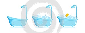 Bathtub with suds and rubber duck and shower. Clawfoot tub set with duck, bubbles and foam. Vector illustration