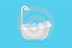 Bathtub with suds and shower. Clawfoot tub with bubbles and foam isolated in blue background. Vector illustration