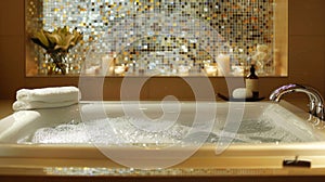 The bathtub surrounded by glistening glass tiles beckons with its soothing warm water and bath salts. 2d flat cartoon