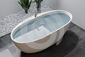 Bathtub with water in white bathroom, top view