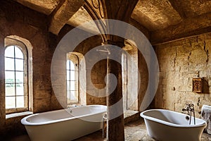 Bathtubs in ancient stone bathroom interior with windows digital illustration.