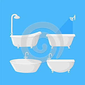 Bathtubs for bathroom with shower and faucet equipment. Set of four tubs isolated in blue background. Vector