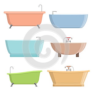 Bathtubs of different style and shape set isolated on white background