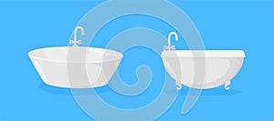 Bathtubs with faucets. Luxury ellipse tubs with tap isolated in blue background. Vector illustration