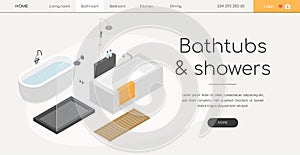 Bathtubs and showers - line design style isometric web banner