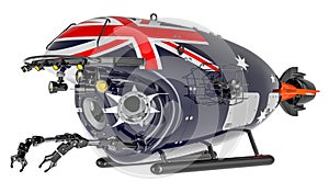 Bathyscaphe with Australian flag. Marine geology, oceanography in Australia, 3D rendering