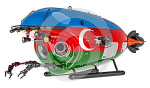 Bathyscaphe with Azerbaijani flag. Marine geology, oceanography in Azerbaijan, 3D rendering