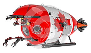 Bathyscaphe with Canadian flag. Marine geology, oceanography in Canada, 3D rendering