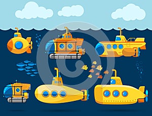 Bathyscaphe cartoon, Yellow Submarine sea research transport. Vector