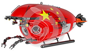 Bathyscaphe with Chinese flag. Marine geology, oceanography in China, 3D rendering