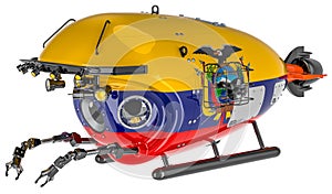 Bathyscaphe with Ecuadorian flag. Marine geology, oceanography in Ecuador, 3D rendering