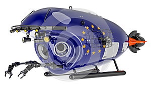 Bathyscaphe with the EU flag. Marine geology, oceanography in the European Union, 3D rendering