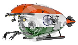 Bathyscaphe with Indian flag. Marine geology, oceanography in India, 3D rendering