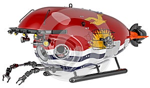 Bathyscaphe with Kiribatian flag. Marine geology, oceanography in Kiribati, 3D rendering