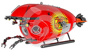 Bathyscaphe with Kyrgyz flag. Marine geology, oceanography in Kyrgyzstan, 3D rendering