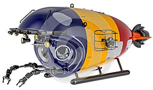 Bathyscaphe with Romanian flag. Marine geology, oceanography in Romania, 3D rendering