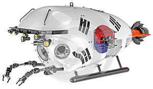 Bathyscaphe with South Korean flag. Marine geology, oceanography in South Korea, 3D rendering