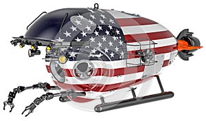 Bathyscaphe with the United States flag. Marine geology, oceanography in the USA, 3D rendering