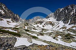 Batizovské pleso v Batizovskej doline. Jarná krajina Tatier, Slovensko