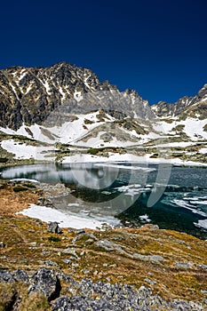 Batizovské pleso v Batizovskej doline. Jarná krajina Tatier, Slovensko