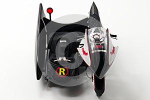 Batman Batcycle with sidecar isolated on white background.